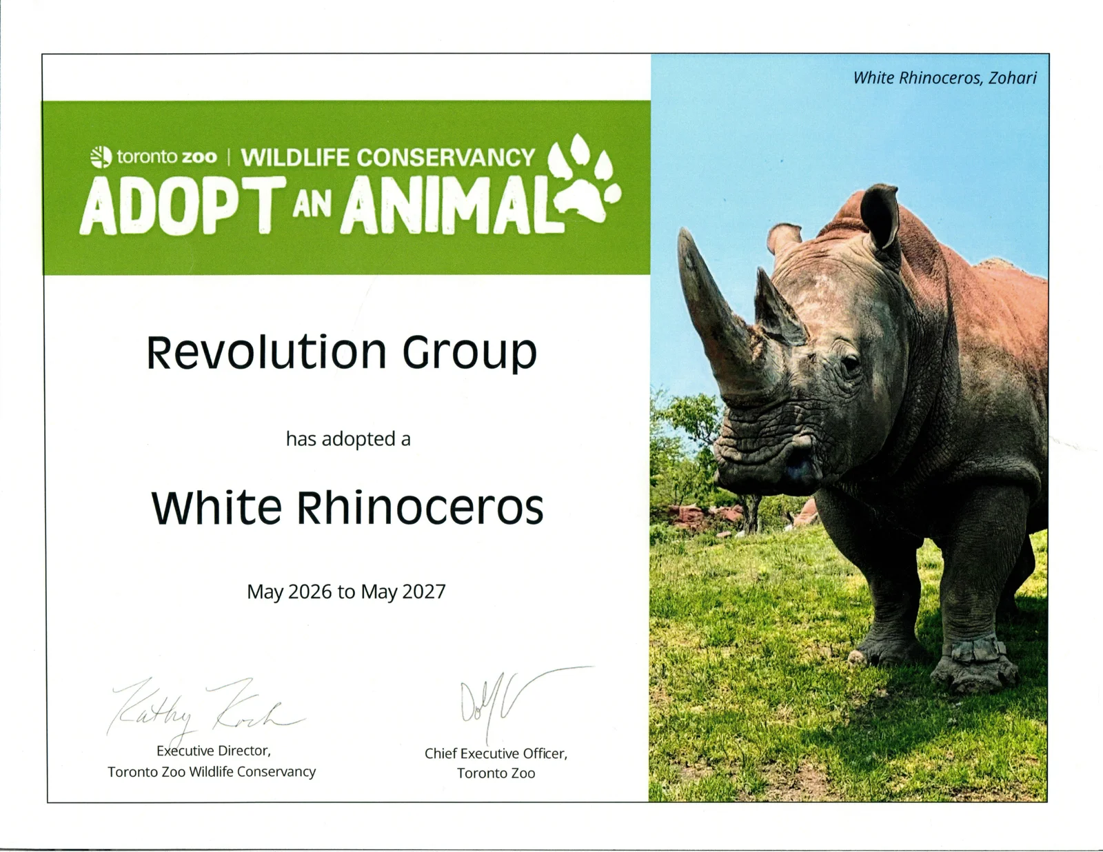 2026 White Rhino Adoption Certificate — Revolution Group has adopted a White Rhinoceros, May 2026 to May 2027
